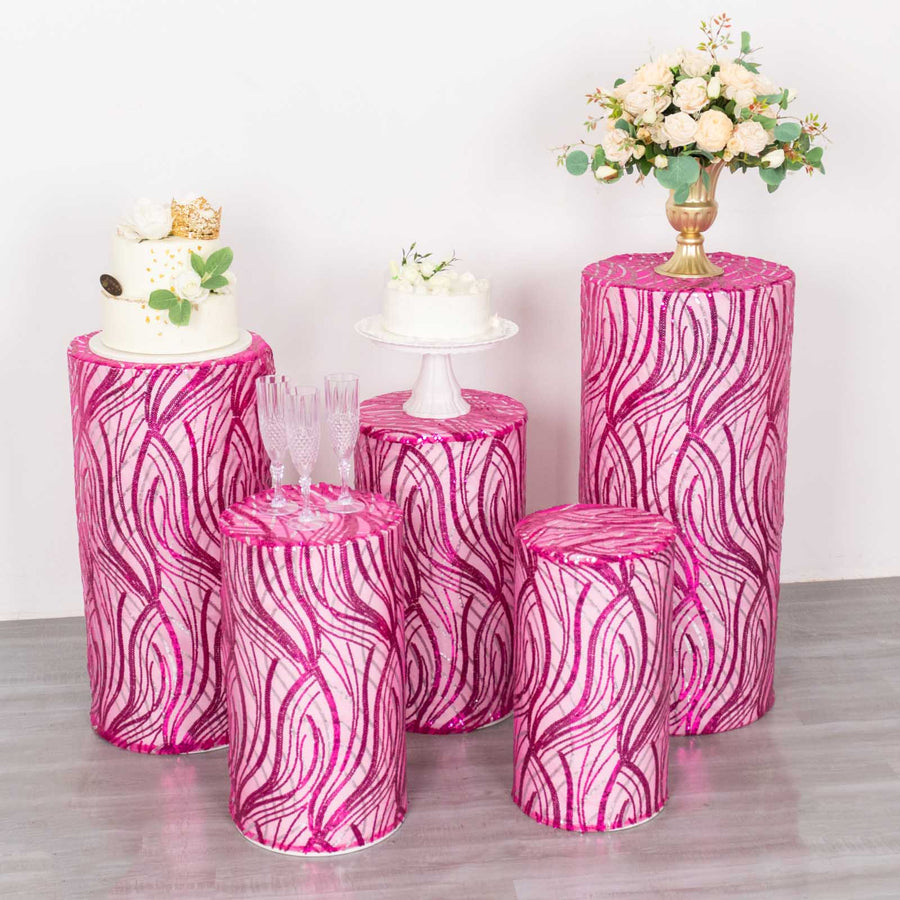 Set of 5 Fuchsia Silver Wave Mesh Cylinder Pedestal Prop Covers With Embroidered Sequins, Premium