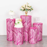 Set of 5 Fuchsia Silver Wave Mesh Cylinder Pedestal Prop Covers With Embroidered Sequins, Premium