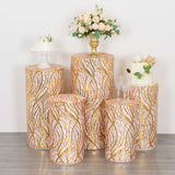 Set of 5 Rose Gold Wave Mesh Cylinder Pedestal Stand Covers with Embroidered Sequins, Premium Pillar