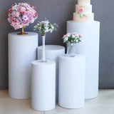 Set of 5 White Metal Cylinder Pillar Prop Stands For Wedding Aisle, Round Plinth Pedestal Display