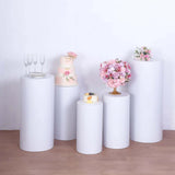 Set of 5 White Metal Cylinder Pillar Prop Stands For Wedding Aisle, Round Plinth Pedestal Display