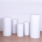 Set of 5 White Metal Cylinder Pillar Prop Stands For Wedding Aisle, Round Plinth Pedestal Display