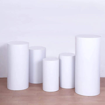 Set of 5 White Metal Cylinder Pillar Prop Stands For Wedding Aisle, Round Plinth Pedestal Display Boxes - 20", 22", 24", 30", 34"