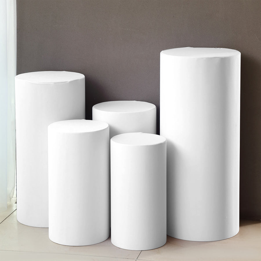 Set of 5 White Cylinder Stretch Fitted Pedestal Pillar Prop Covers