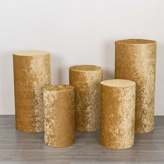 Elevate Your Event Decor with Champagne Crushed Velvet Cylinder Pillar Prop Covers