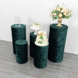 Set of 5 Hunter Emerald Green Crushed Velvet Cylinder Pillar Prop Covers, Premium Pedestal Plinth
