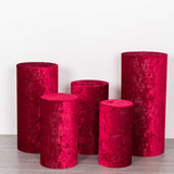 Set of 5 Red Crushed Velvet Cylinder Pillar Prop Covers, Premium Pedestal Plinth Display Box Stand