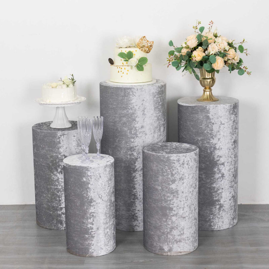 Set of 5 Silver Crushed Velvet Cylinder Pillar Prop Covers Premium Pedestal Plinth Display Box Stand
