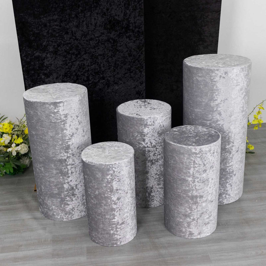 Set of 5 Silver Crushed Velvet Cylinder Pillar Prop Covers Premium Pedestal Plinth Display Box Stand