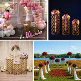 Gold cylinder flower stands with pink balloon arch and floral wedding decor