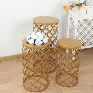 Set of 3 Gold Metal Cylinder Pillar Cake Display Stands, Round Mesh Plinth Pedestal Stand in Hollow Overlapping Circles Pattern - 22",24",30"