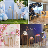 Gold pedestal stands for balloon backdrops and dessert displays at parties