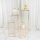 Elegant acrylic display stands with gold accents for cakes and desserts.