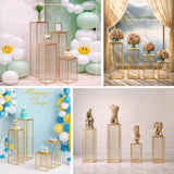 Gold metal display pedestals in various heights for events and decor.
