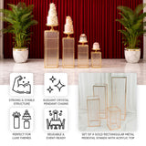 Set of 4 gold rectangular metal pedestal stands with acrylic top for events and decor.