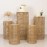 Set of 5 Natural Woven Rattan Wicker Pedestal Stands, Boho Chic Side Table Cylinder Cake Dessert