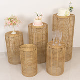 Set of 5 Natural Woven Rattan Wicker Pedestal Stands, Boho Chic Side Table Cylinder Cake Dessert