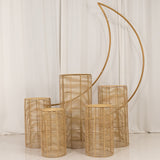 Set of 5 Natural Woven Rattan Wicker Pedestal Stands, Boho Chic Side Table Cylinder Cake Dessert