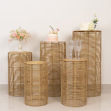 Set of 5 Natural Woven Rattan Wicker Pedestal Stands, Boho Chic Side Table Cylinder Cake Dessert