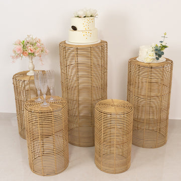 Set of 5 Natural Woven Rattan Wicker Pedestal Stands, Boho Chic Side Table Cylinder Cake Dessert Plant Display Stands - 20",21",24",29",36"