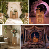 Boho wedding decor with wicker pedestals, floral arches and ambient lighting