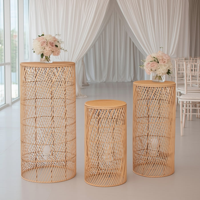 Set of 3 Natural Woven Rattan Wicker Pedestal Stand Floor Lamp Shades with Wave Pattern