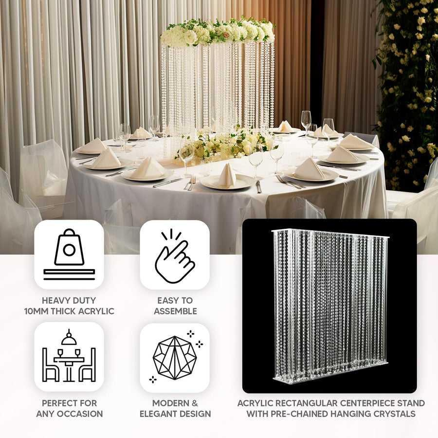 40"x40" Heavy Duty Acrylic Rectangular Flower Pedestal Stand with Pre-chained Hanging Crystal Beads, Clear Tabletop or Floor Standing Wedding Centerpiece with 10mm Thick Plexiglass Plate