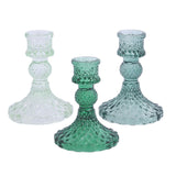 6 Pack Assorted Green Diamond Pattern Glass Pillar Votive Candle Stands, 4" Reversible Crystal Taper Candlestick Holders