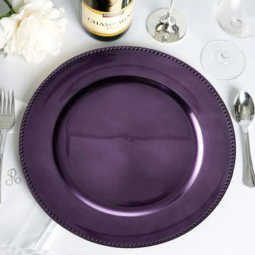 6 Pack 13" Beaded Purple Acrylic Charger Plate, Plastic Round Dinner Charger Event Tabletop Decor