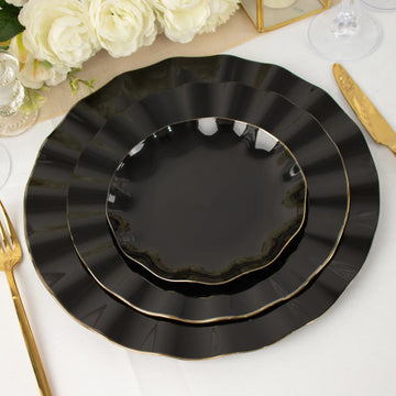 10 Pack 6" Black Heavy Duty Disposable Salad Plates with Gold Ruffled Rim, Heavy Duty Disposable Appetizer Dessert Dinnerware