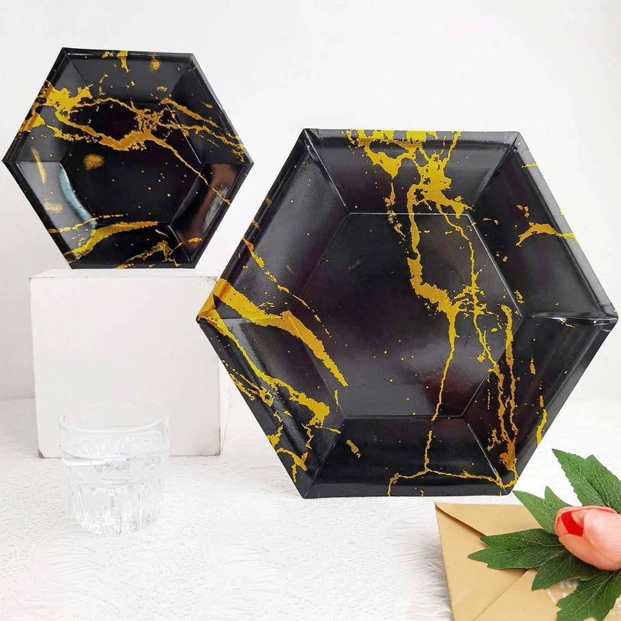 Black Marble 12inch Serving Dinner Paper Plates, Disposable Hexagon Geomtric Shaped Plates