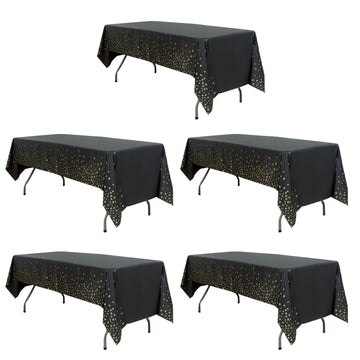 5 Pack Black Rectangle Plastic Table Covers with Gold Stars, 54"x108" PVC Waterproof Disposable Tablecloths