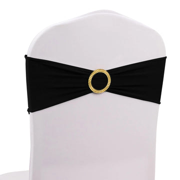 5 Pack Black Spandex Chair Sashes with Gold Diamond Buckles, Elegant Stretch Chair Bands and Slide On Brooch Set - 5"x14"