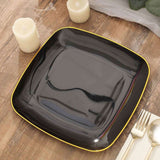 10 Pack | 10inch Black with Gold Rim Square Plastic Lunch Party Plates, Disposable Dinner Plates#wht