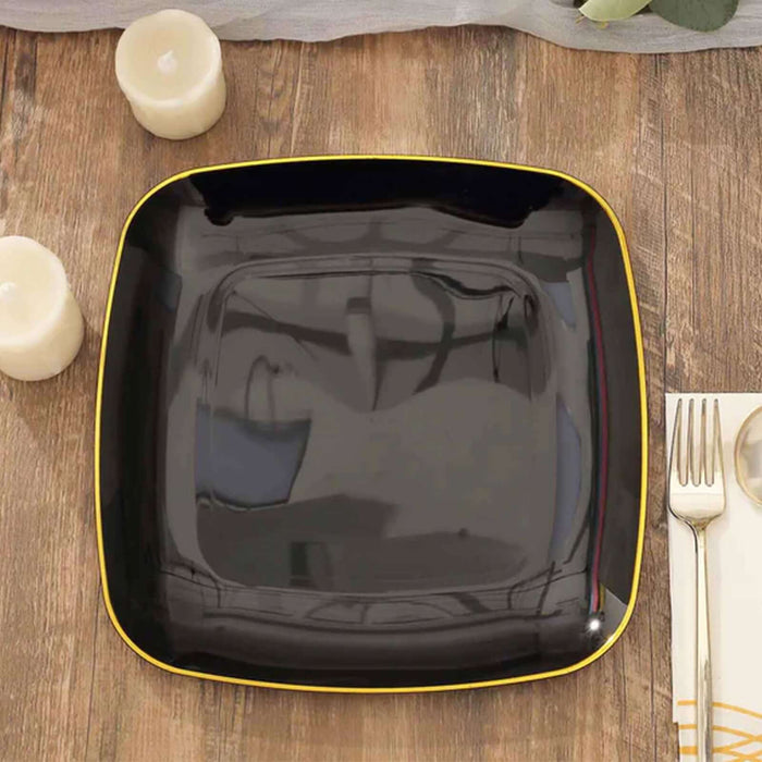 10 Pack | 10inch Black with Gold Rim Square Plastic Lunch Party Plates, Disposable Dinner Plates#wht