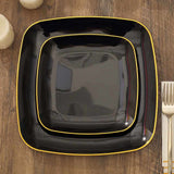 10 Pack | 7inch Black with Gold Rim Square Plastic Salad Party Plates, Dessert Appetizer Plates