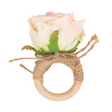 4 Pack Blush Artificial Rose Flower Wooden Napkin Holders, Farmhouse Country Floral Napkin Rings