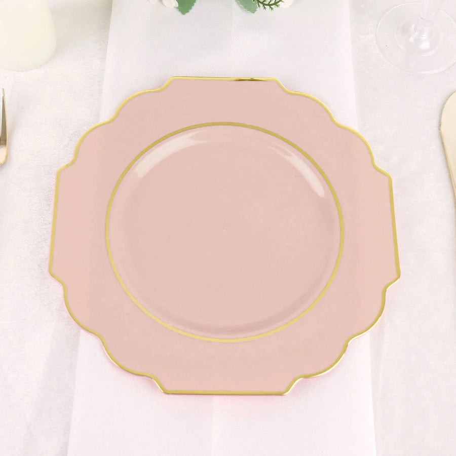 10 Pack | 8 Blush/Rose Gold Hard Plastic Dessert Appetizer Plates, Disposable Tableware, Baroque Hea
