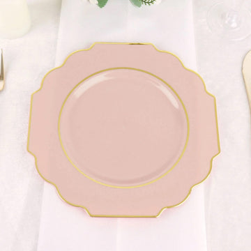 10 Pack 8" Blush Hard Plastic Dessert Appetizer Plates, Disposable Tableware, Baroque Heavy Duty Salad Plates with Gold Rim
