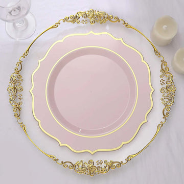 10 Pack 10" Blush Plastic Dinner Plates Disposable Tableware Round With Gold Scalloped Rim
