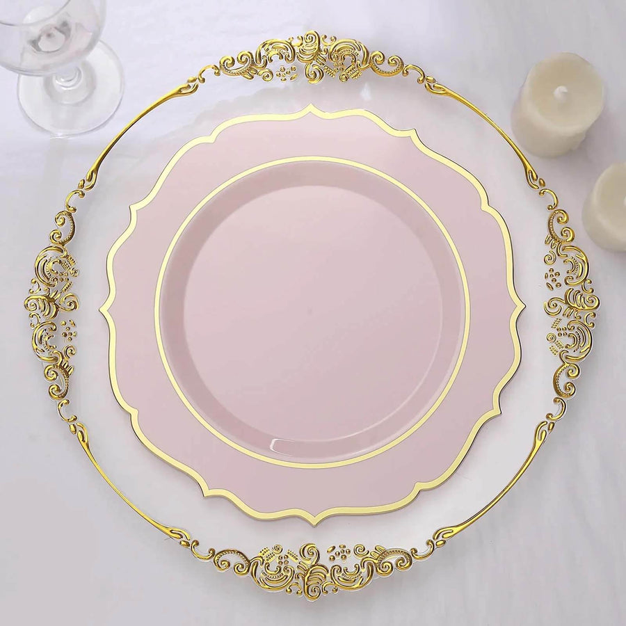 10 Pack | 10Inch Blush / Rose Gold Plastic Dinner Plates Disposable Tableware Round With Gold Rim