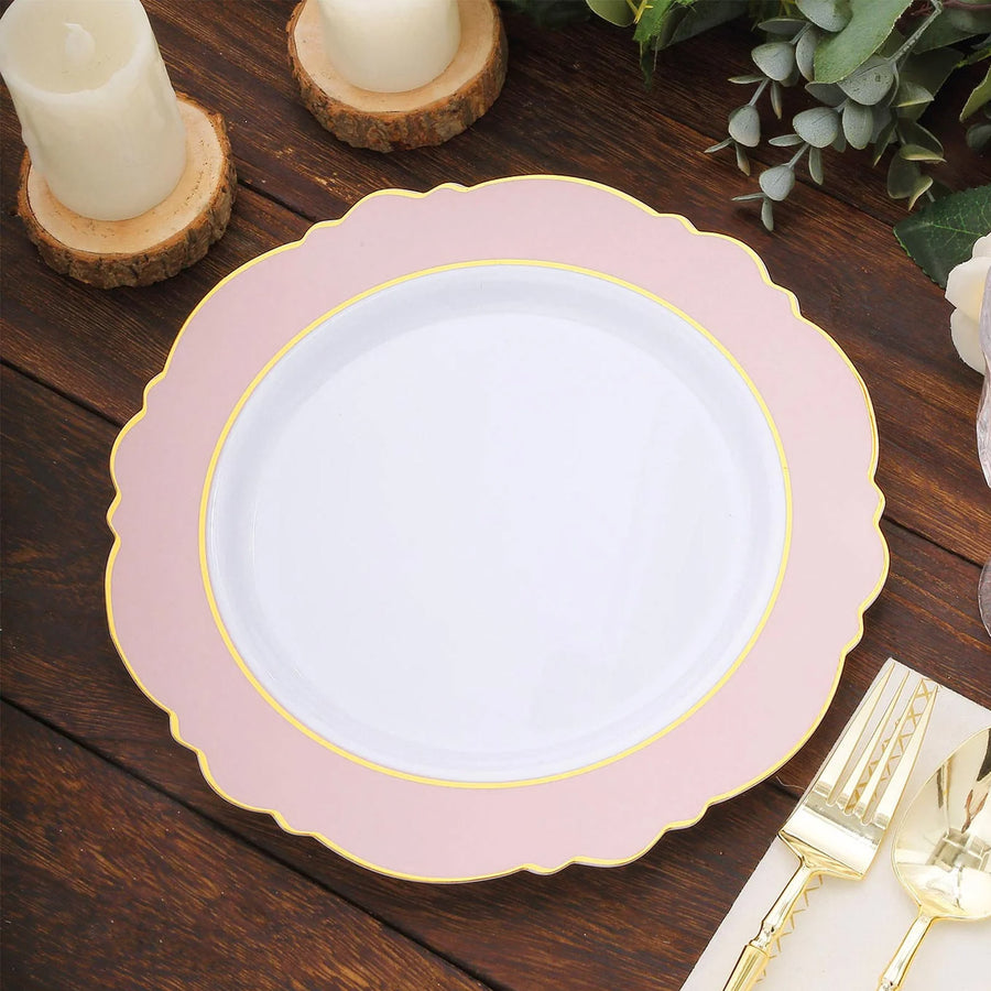 10 Pack 10inch Blush Rose Gold White Disposable Dinner Plates With Round Blossom Design