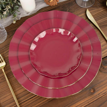 10 Pack 6" Burgundy Heavy Duty Disposable Salad Plates with Gold Ruffled Rim, Heavy Duty Disposable Appetizer Dessert Dinnerware