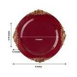 10 Pack 8inch Burgundy Plastic Salad Plates With Gold Leaf Embossed Baroque Rim, Round Disposable