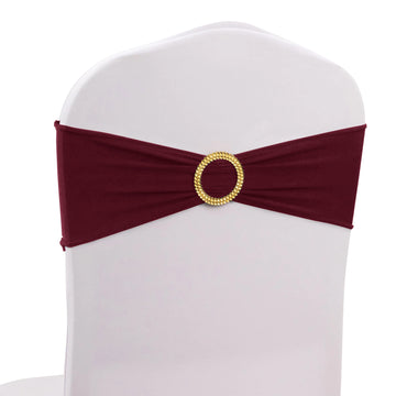 5 Pack Burgundy Spandex Chair Sashes with Gold Diamond Buckles, Elegant Stretch Chair Bands and Slide On Brooch Set - 5"x14"