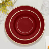 25 Pack | 8inch Burgundy Sunray Gold Rimmed Dessert Appetizer Paper Plates, Disposable