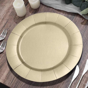 10 Pack 13" Champagne Leather Textured Disposable Charger Plates, Round Cardboard Serving Trays - 1100 GSM