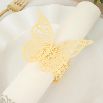 12 Pack Champagne Shimmery Laser Cut Butterfly Paper Chair Sash Bows, Napkin Rings, Serviette Holders