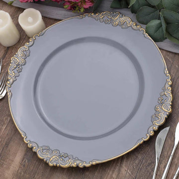 6 Pack 13" Charcoal Gray Gold Embossed Baroque Round Charger Plates With Antique Design Rim