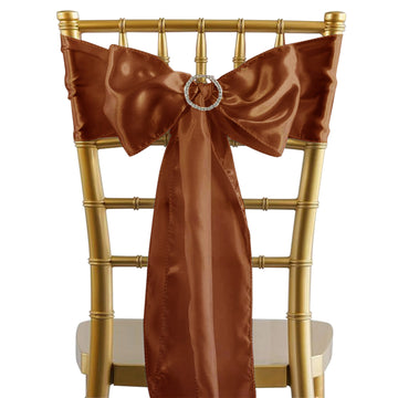 5 Pack Cinnamon Brown Satin Chair Sashes, Chair Bows - 6"x106"